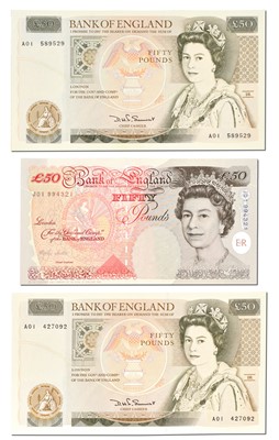 Lot 395 - 3x First Run Bank of England £50 Notes;...