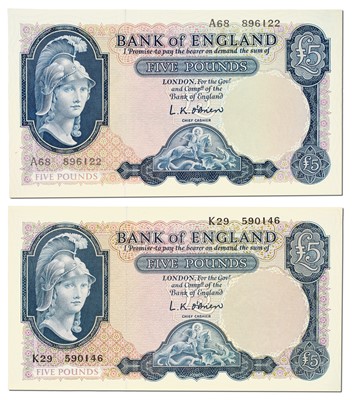 Lot 398 - 2x Bank of England, Series B, Five Pounds,...