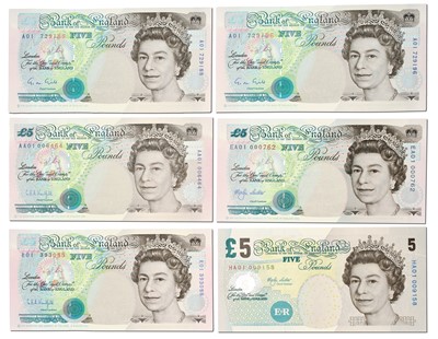 Lot 399 - 6x Bank of England, First Run, Five Pound...