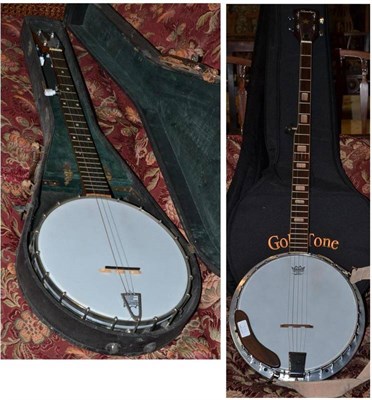 Lot 558 - A Sumbro five string zither banjo, in soft case; another five string zither banjo in case (2)