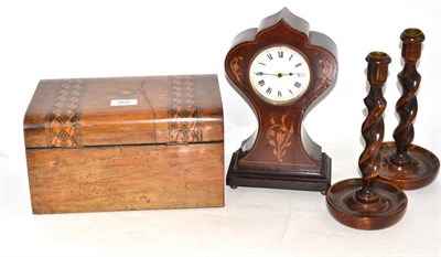 Lot 562 - An Edwardian inlaid mahogany mantel timepiece; a Victorian walnut parquetry banded work box; a...