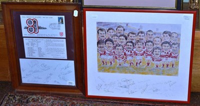 Lot 592 - A signed Hull Kingston Rovers caricature print and framed First Day cover montage (2)