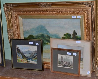 Lot 601 - A Victorian oil on panel of a river in a mountainous landscape, signed J Howard; a watercolour...