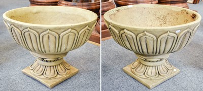 Lot 1154 - A Pair of Composition Leaf Moulded Garden Urns,...