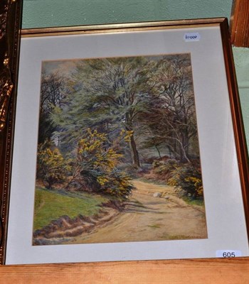 Lot 605 - Edith Martineau watercolour, country lane with woodland