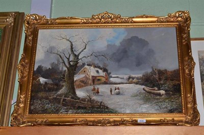 Lot 606 - Framed oil painting by J Edwards 1879, a winter scene with children making a snow ball