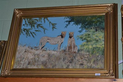 Lot 607 - *** Bryn ? (20th Century), pair of cheetahs in landscape, signed, oil on canvas, 48.5cm by 74cms