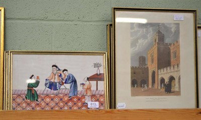 Lot 613 - A set of four Chinese paintings on pith paper and four colour prints of Rugby School (8)