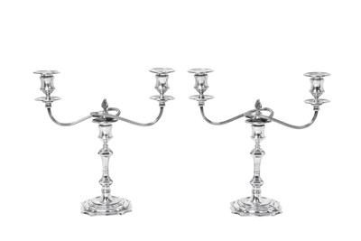 Lot 2120 - A Pair of Elizabeth II Silver Two-Light Candelabra