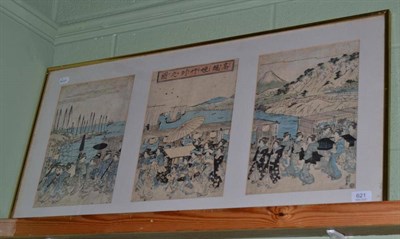 Lot 621 - A set of three Japanese wood block prints depicting a procession of Geishas, collectively...