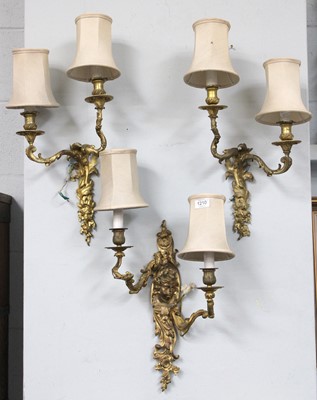 Lot 1210 - A Pair of Gilt Bronze Twin Light Wall Sconces,...