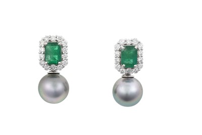 Lot 2204 - A Pair of Emerald, Diamond and Grey Cultured...