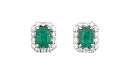 Lot 2193 - A Pair of Emerald and Diamond Cluster Earrings...