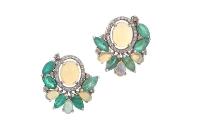 Lot 2093 - A Pair of Opal, Emerald and Diamond Cluster...