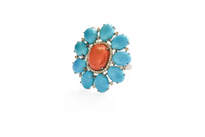 Lot 357 - A Coral, Turquoise and Diamond Cluster Ring,...