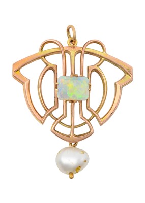 Lot 2181 - An Art Nouveau Opal and Pearl Pendant the...