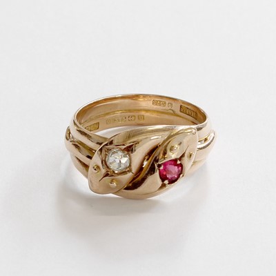 Lot 191 - A 9 Carat Gold Pink Stone and Diamond Snake...