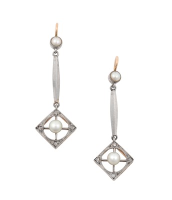 Lot 2177 - A Pair of Pearl and Diamond Drop Earrings a...