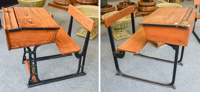 Lot 1166 - Two Pitch Pine Desks, cast iron frames, one...