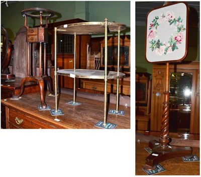 Lot 669 - A Victorian rosewood pole screen with later top, a brass etagere and a wash stand