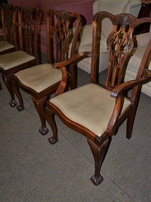 Lot 709 - A set of six mahogany Chippendale style dining chairs with carved splat, serpentine fronts and drop