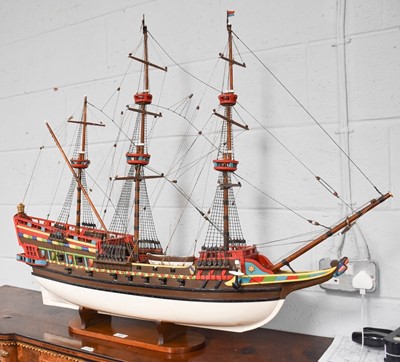Lot 409 - A Painted Wooden Model of a Triple Masted Ship,...