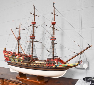 Lot 268 - A Painted Wooden Model of a Triple Masted Ship,...