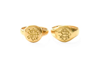 Lot 374 - Two 18 Carat Gold Signet Rings, finger sizes E...