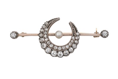 Lot 2158 - A Diamond and Pearl Crescent Brooch, circa...