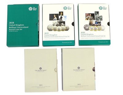 Lot 289 - 5x UK Annual Coin Sets, to include; 2018, 2019,...