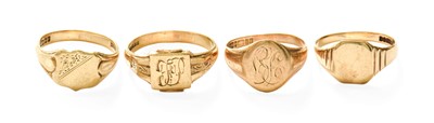 Lot 336 - Four 9 Carat Gold Signet Rings, of varying...