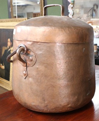 Lot 1375 - A Lidded Copper Pot, with wrought iron swing...