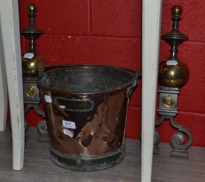 Lot 807 - A Georgian copper bucket with brass plaque 'Combing shed' and a pair of andirons