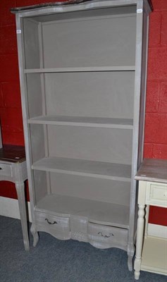 Lot 809 - Shabby chic tall open bookcase with two drawers