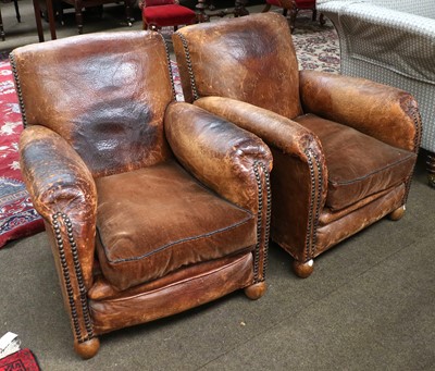 Lot 1336 - A Pair of Brown Leather Club Armchairs,...