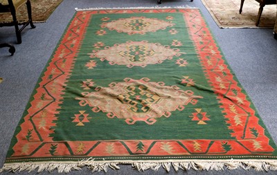 Lot 1207 - Turkish Kilim, the green field with three...