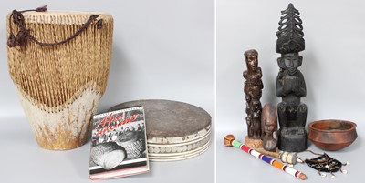 Lot 260 - Three African Carved Wood Statues, a beadwork...