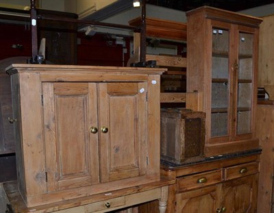 Lot 844 - A Victorian pine two door cabinet, pine glazed small bookcase and an oak four drawer index card...