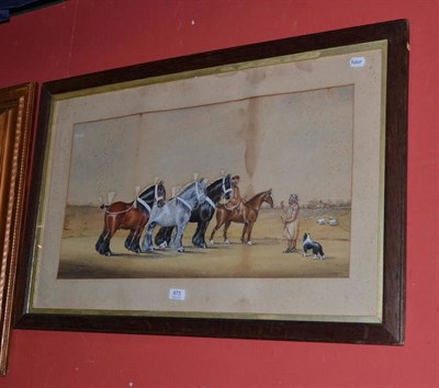 Lot 875 - H W Standing, 19th century naive watercolour, Shire horses with shepherd (faded)