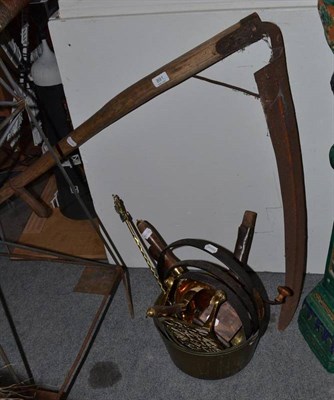 Lot 891 - Three brass jam pans, a brass trivet, a coffee mill, a garden scythe, etc