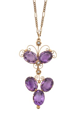 Lot 2148 - An Amethyst and Split Pearl Pendant on Chain...