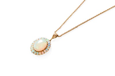 Lot 383 - An Opal Cluster Pendant on Chain, the oval...