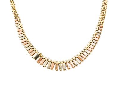 Lot 399 - A 9 Carat Gold Tri-Colour Necklace, of fringe...