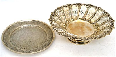 Lot 10 - Pierced and embossed silver pedestal dish and an Eastern style plate (2)
