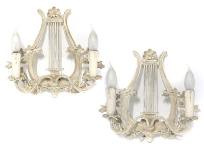 Lot 1203 - A Set of Three Painted Lyre Twin Light Wall...