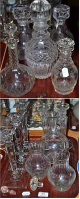 Lot 23 - Glassware comprising pair of George V cut candlesticks, three moulded candlesticks, carafe and...