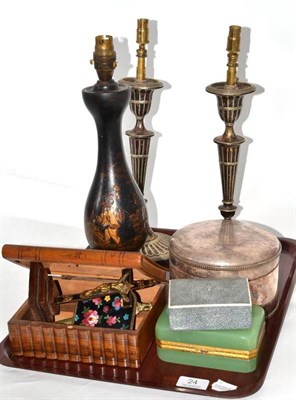 Lot 24 - Plated biscuit box, pair of plated candlesticks and sundry