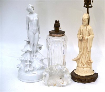 Lot 25 - Cut glass vase with sterling mount and lamp fitting, large white figural lamp and a Mats...