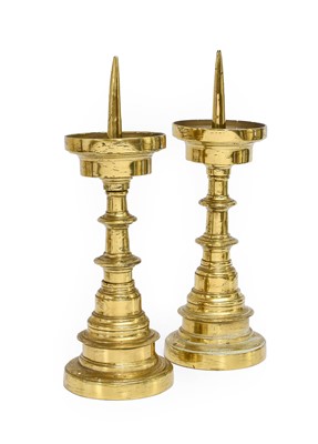 Lot 166 - A Pair of Bell Metal Pricket Candlesticks,...