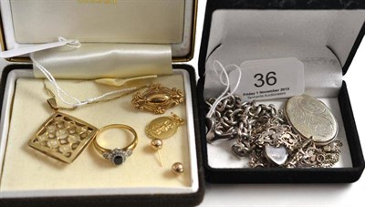Lot 36 - A 9ct gold pendant on chain, cluster ring and assorted gold and silver jewellery